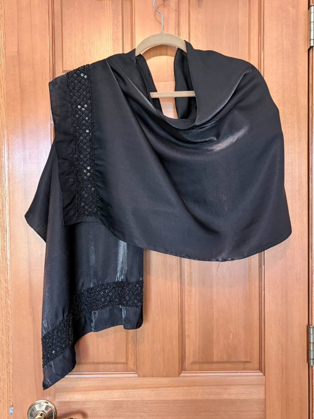 Black Satin Elegant Beaded Evening Wrap Shawl Scarf 72" Formal Occasion